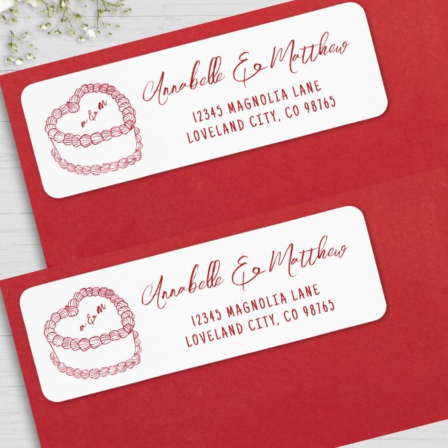 Étiquette Adresse de retour de mariage rouge dessinée à la m (Vintage Cake Hand Drawn Red Wedding Return Address label )