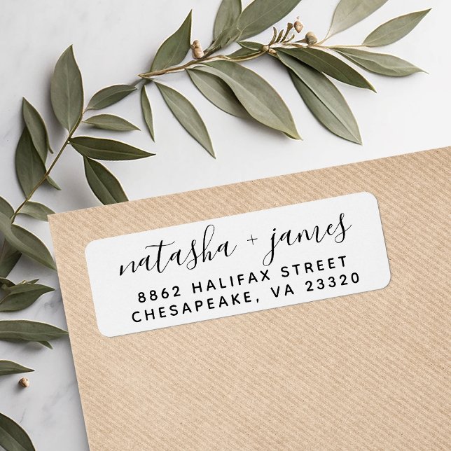 Étiquette Adresse de Retour de Mariage Script Noir et Blanc (Créateur téléchargé)