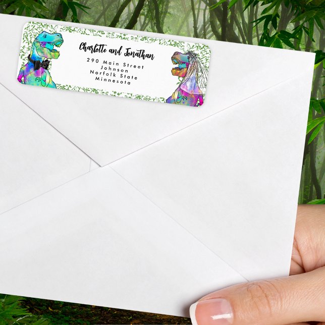 Étiquette Adresse de Retour de Mariage sur le Thème des Dino (T-Rex bride and groom dinosaur wedding invitation envelope return address label)