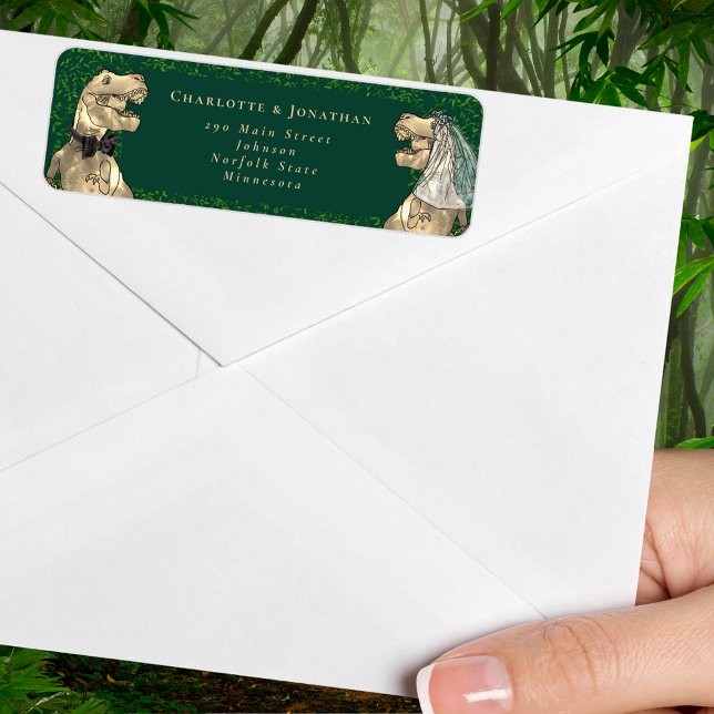 Étiquette Adresse de Retour de Mariage sur le Thème des Dino (T-Rex bride and groom dinosaur wedding return address label Watercolor eucalyptus foliage)