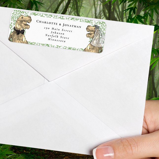 Étiquette Adresse de Retour de Mariage sur le Thème des Dino (T-Rex bride and groom dinosaur wedding return address label watercolor eucalyptus )