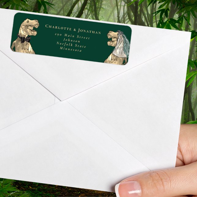 Étiquette Adresse de Retour de Mariage sur le Thème des Dino (T-Rex bride and groom dinosaur wedding dark green return address label Watercolor Jurassic wedding)