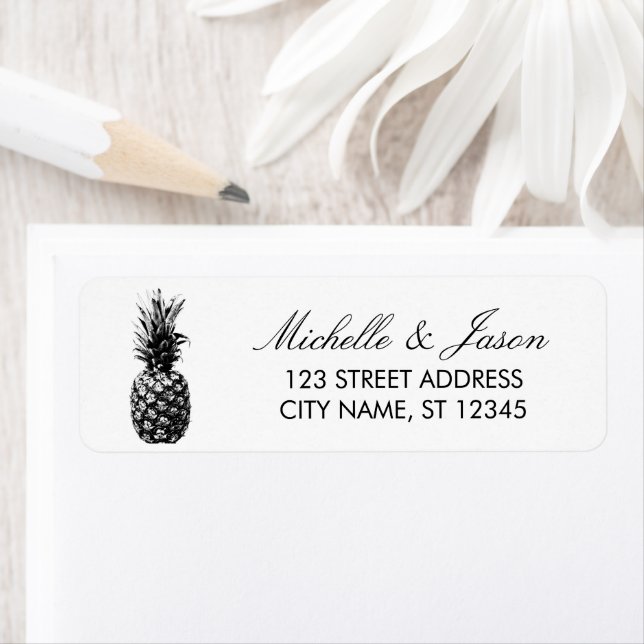 Étiquette Adresse de retour de mariage tropicale à l'ananas (En situation)