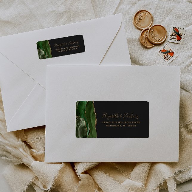 Étiquette Adresse de Retour de Mariage Vert Or Agate Foncé (Créateur téléchargé)