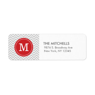 Étiquette Adresse de retour de monogramme gris et rouge de