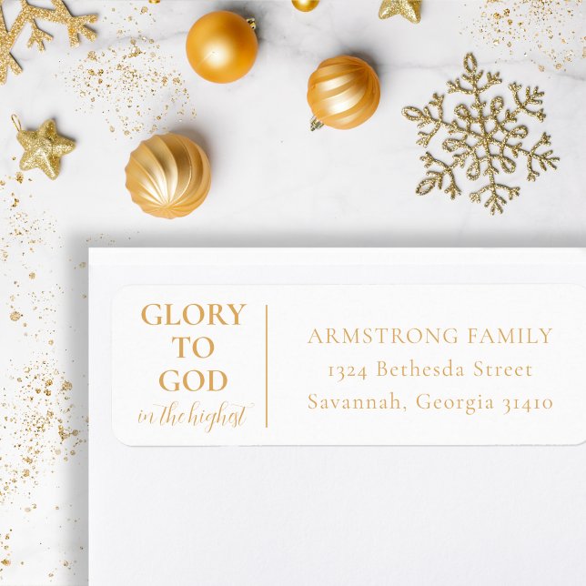 Étiquette Adresse de retour de Noël chrétienne moderne (Simple, modern, religious Christmas return address label in gold and white for Christians)
