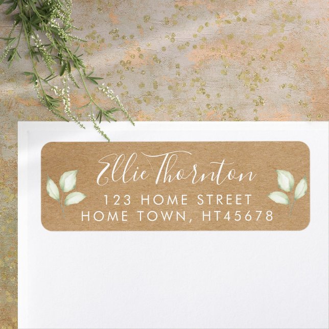 Étiquette Adresse de retour de nom de script de verdure de K (Rustic Kraft Greenery Script Name Return Address Label)