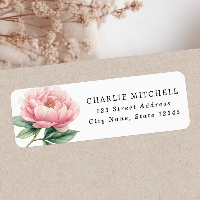 Étiquette adresse de retour de peinture de pivoine (Pink peony flower painting return address label)
