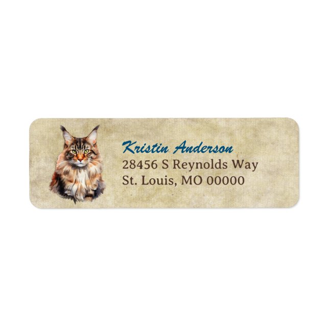 Étiquette Adresse de Retour de Portrait de Chat Maine Coon (Devant)