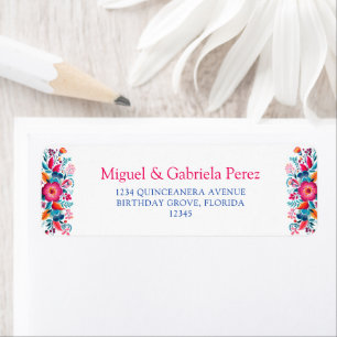 Étiquette Adresse de Retour de Quinceanera Florale Mexicaine