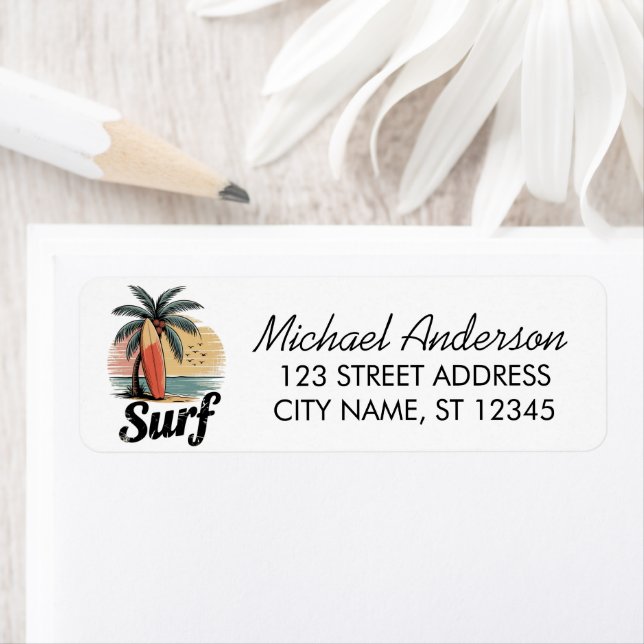 Étiquette Adresse de retour de surf de plage de planche de s (En situation)