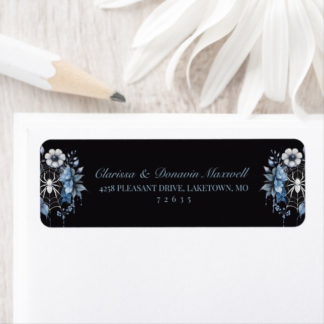 Étiquette Adresse de retour de toile d'araignée florale bleu (En situation)