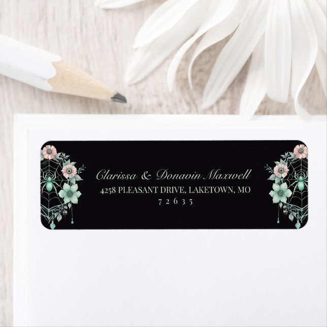 Étiquette Adresse de retour de toile d'araignée florale vert (En situation)