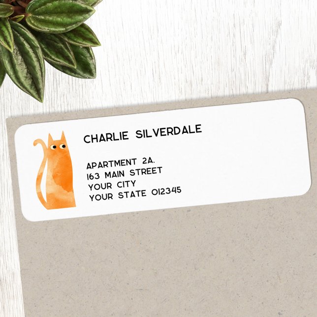 Étiquette Adresse de retour du chat orange amusant (Fun orange ginger watercolor cat personalized return address label)