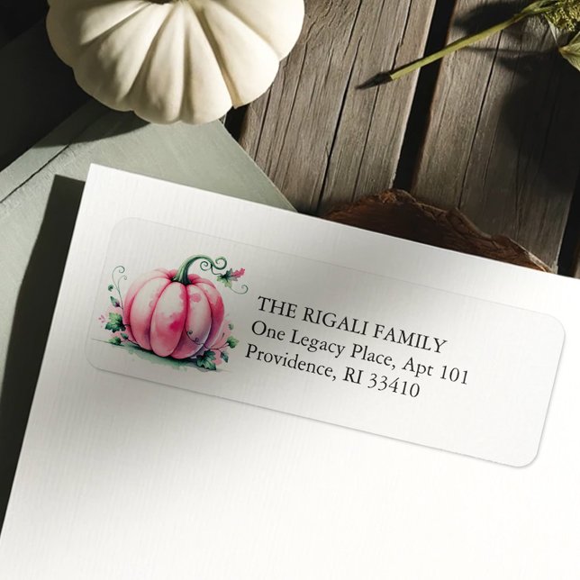 Étiquette Adresse de retour du Citrouille rose aquarelle (Pink pumpkin return address labels watercolor fall whimsical pumpkins)