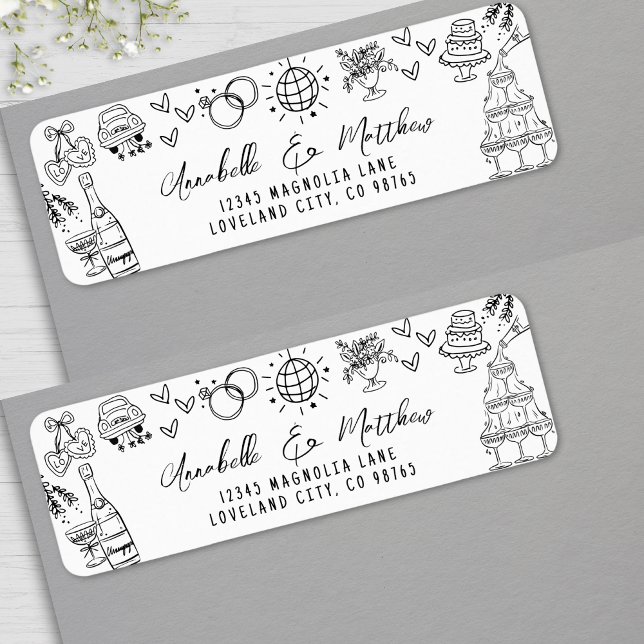Étiquette Adresse de retour du Mariage lunatique tiré à la m (Hand Drawn Whimsical Wedding Return Address label)