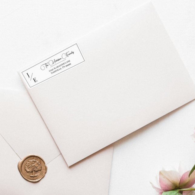 Étiquette Adresse de retour du Mariage monogramme minimal (Minimalist Monogram Wedding Return Address Black Label)