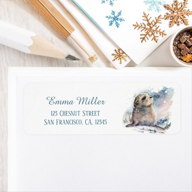 Étiquette Adresse de retour du phoque d'aquarelle d'hiver po (Créateur téléchargé)