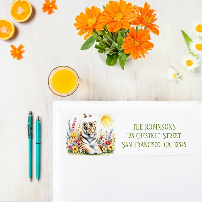 Étiquette Adresse de retour du tigre d'aquarelle de printemp (Créateur téléchargé)