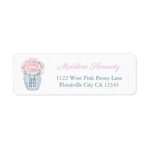 Étiquette Adresse de Retour Élégante Pivoine Rose Bleu Texte