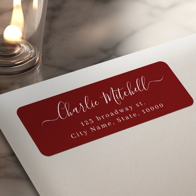 Étiquette Adresse de retour en écriture moderne Bourgogne (Burgundy Modern elegant script return address Label)
