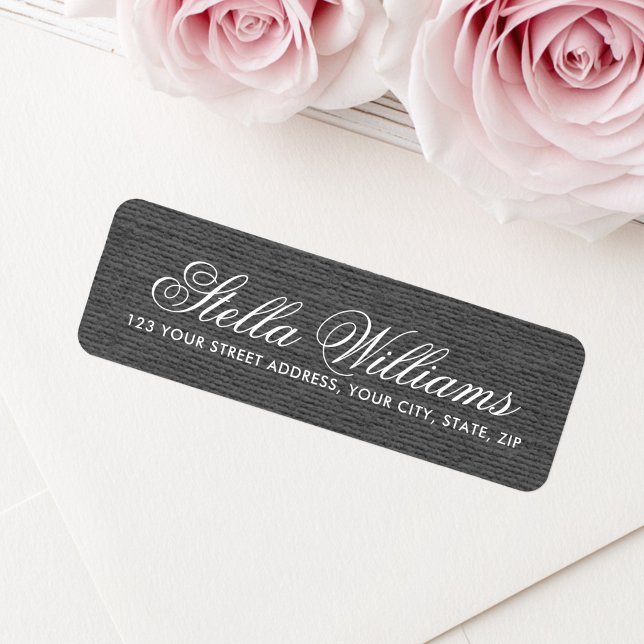Étiquette Adresse de retour en script romantique en lin gris (Dark gray linen romantic script return address label)