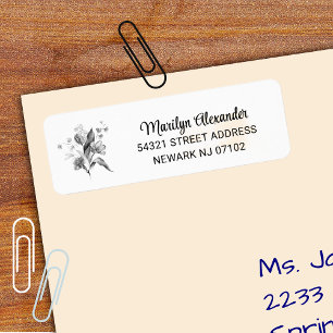 Étiquette Adresse de retour Floral noir et blanc minimal