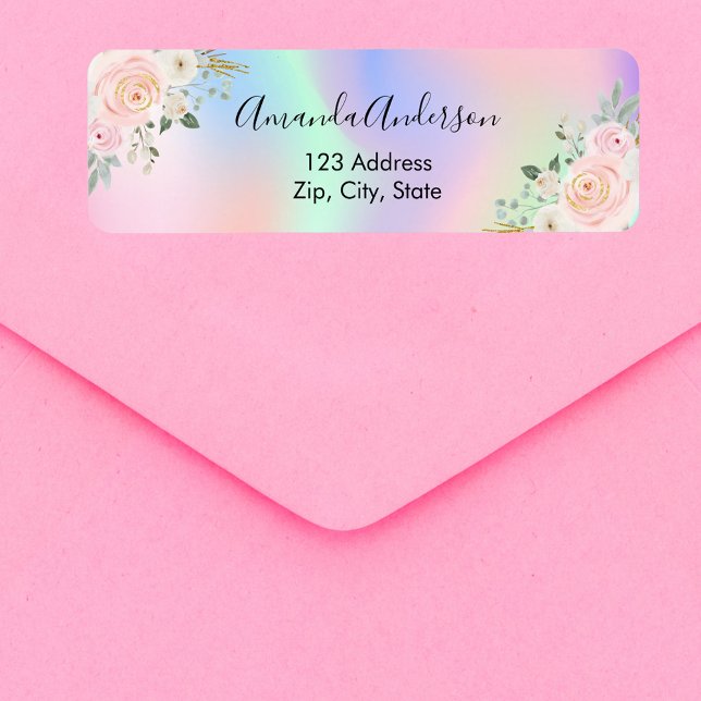 Étiquette Adresse de retour florale holographique rose vif (Créateur téléchargé)
