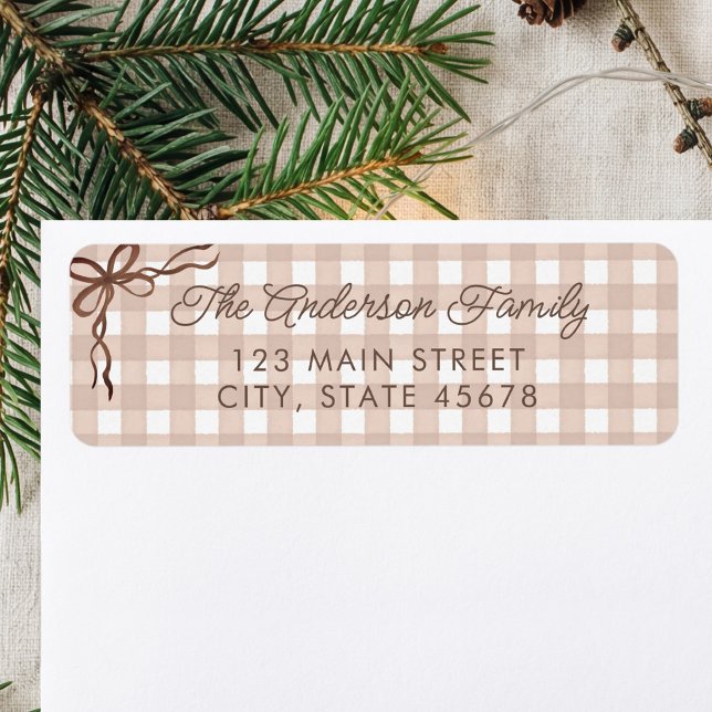 Étiquette Adresse de Retour Gingham Aquarelle Marron (Créateur téléchargé)