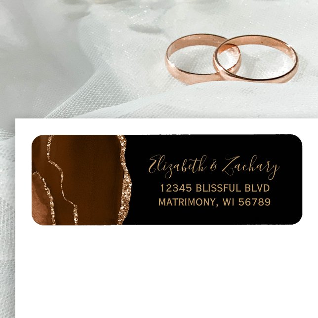 Étiquette Adresse de Retour Mariage Agate Noir Or Brun (Créateur téléchargé)