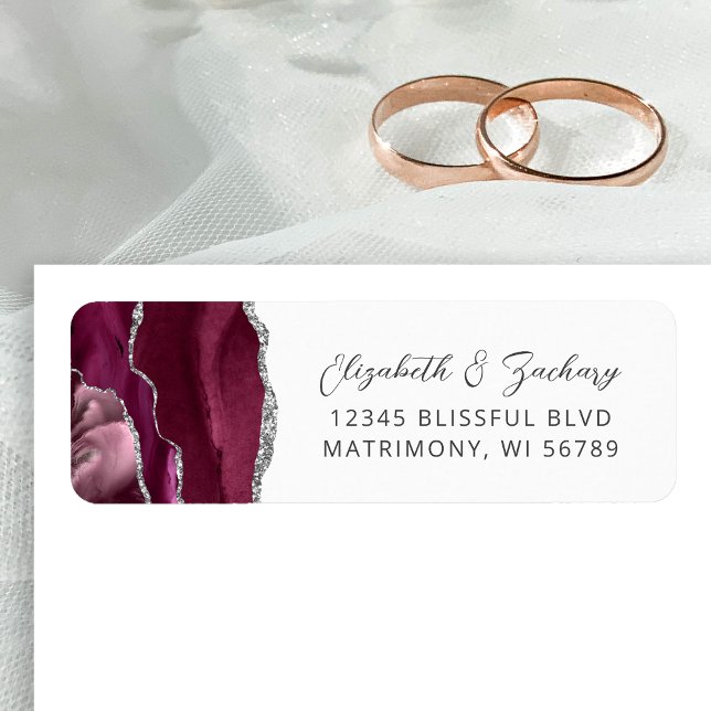 Étiquette Adresse de retour Mariage Argent Agate Bourgogne (Créateur téléchargé)