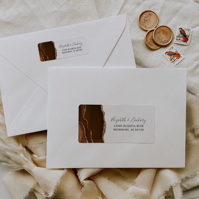 Étiquette Adresse de Retour Mariage Marron Moka Agate Or (Créateur téléchargé)