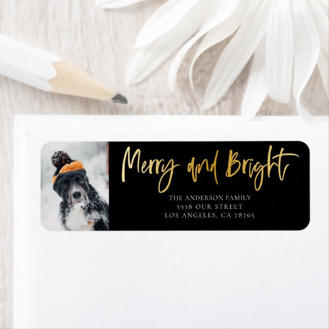 Étiquette Adresse de retour Merry & Bright Black & Gold (En situation)