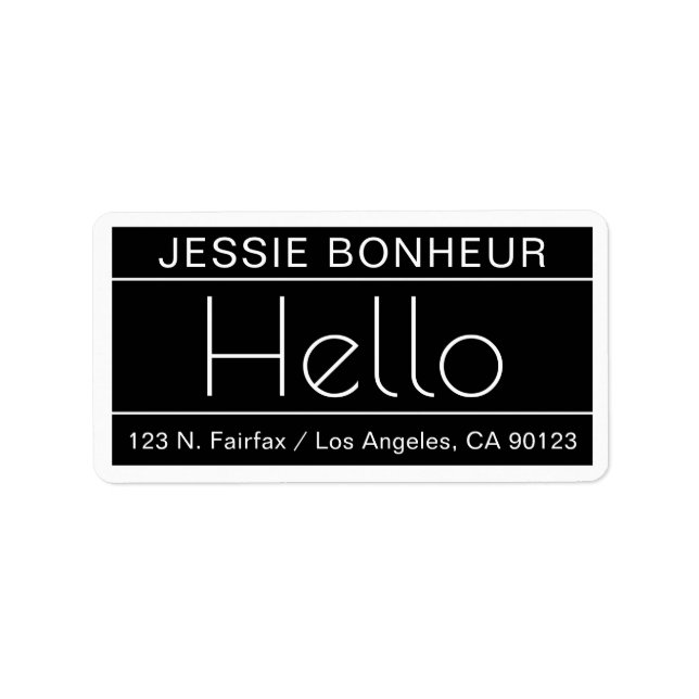 Étiquette Adresse de retour moderne avec mot "Hello" Noir &  (Devant)