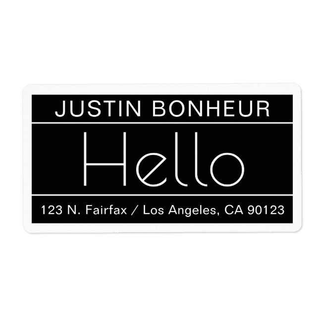 Étiquette Adresse de retour moderne avec mot "Hello" Noir &  (Devant)