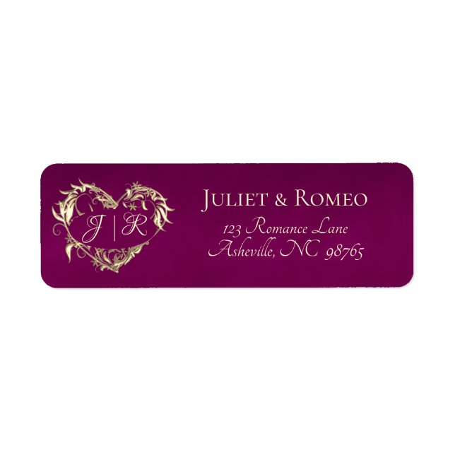 Étiquette Adresse de retour Monogramme Cœur - Prune (Devant)