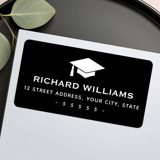 Étiquette Adresse de retour noire du plafond de diplôme (Graduation cap black return address label)