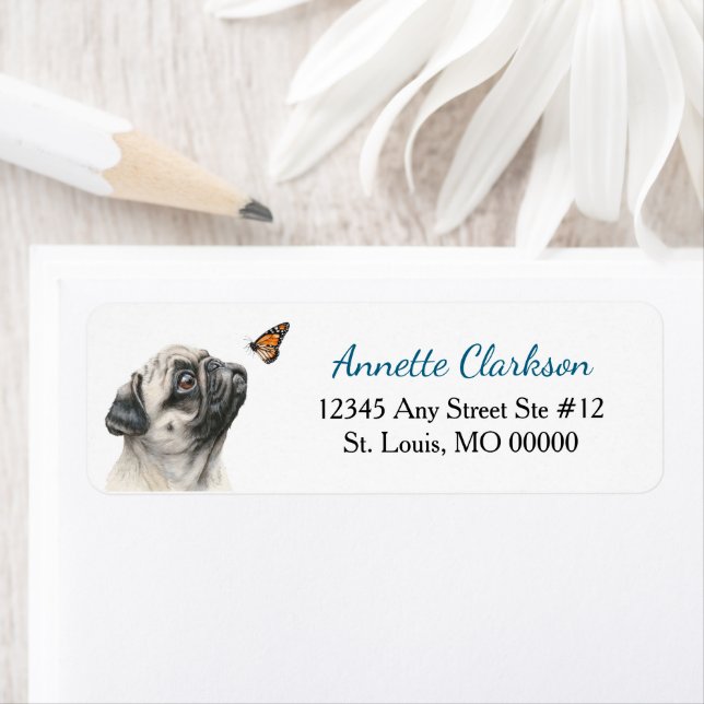 Étiquette Adresse de retour Papillon Chien Pug Mignon (En situation)