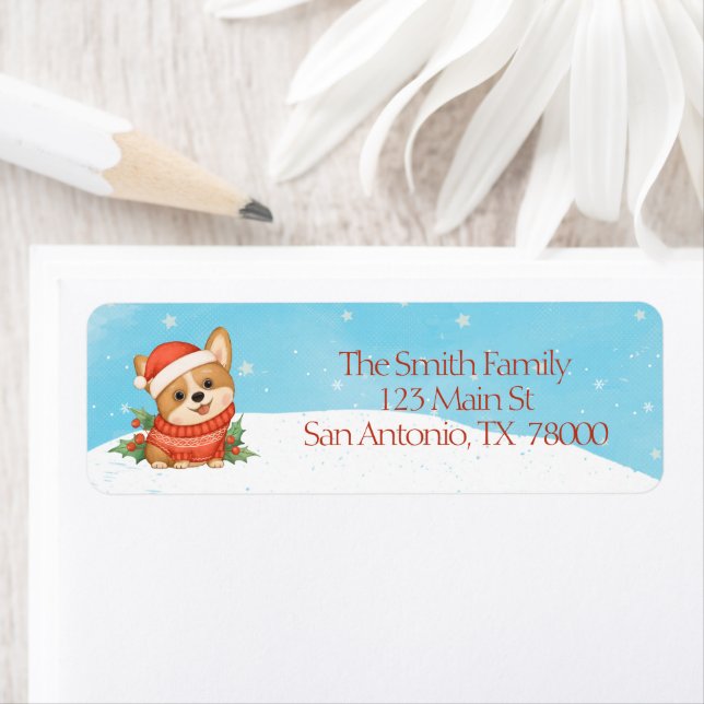 Étiquette Adresse de retour pour un Noël avec un Corgi migno (En situation)