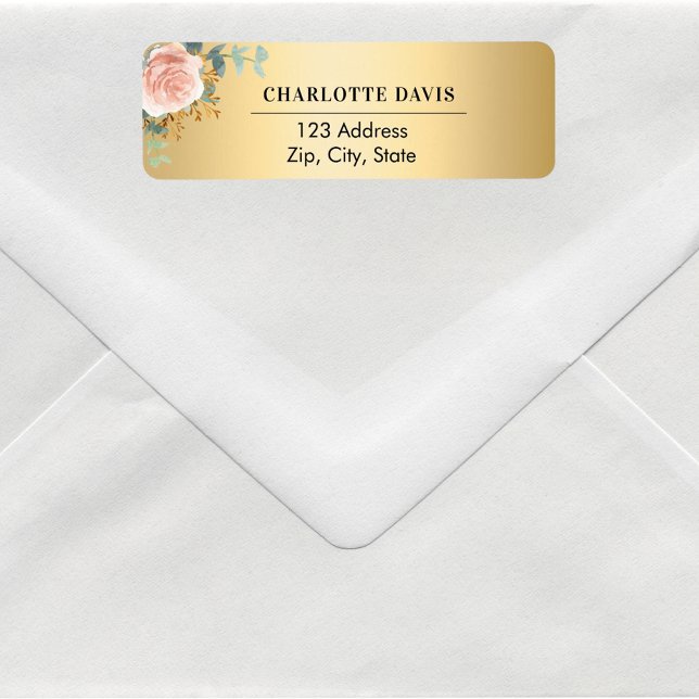 Étiquette Adresse de retour rose or fleuri vert (Créateur téléchargé)