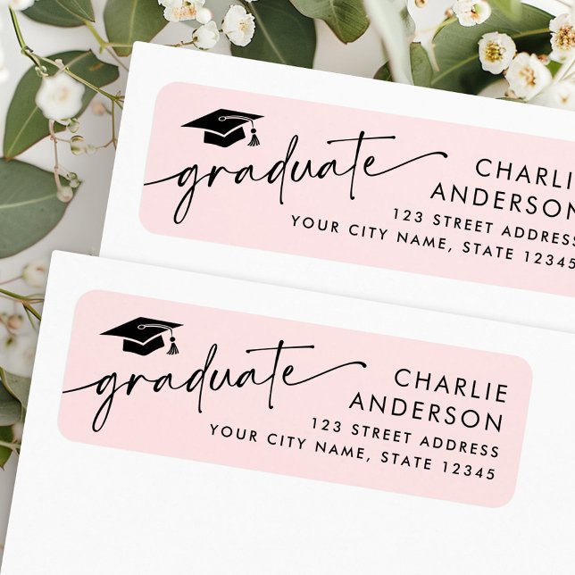 Étiquette Adresse de retour rose pâle du plafond de graduati (Graduate graduation cap light pink return address label)