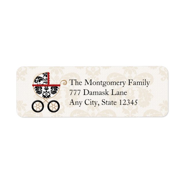 ÉTIQUETTE ADRESSE DE RETOUR ROUGE BLACK DAMASK BABY CARRIAGE (Devant)
