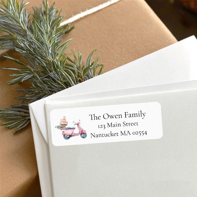 Étiquette Adresse de retour sapin de Noël scooter rose (Pink Scooter Christmas return address labels)