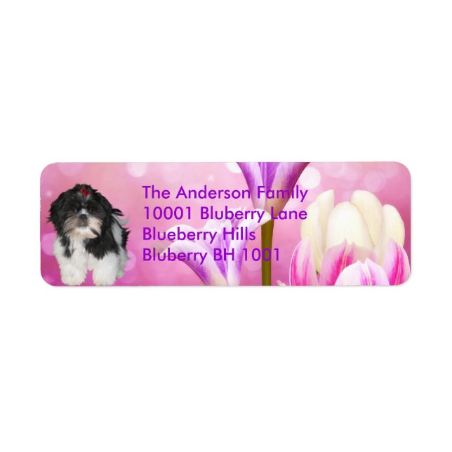Étiquette Adresse de Retour Shih Tzu & Fleurs (Devant)
