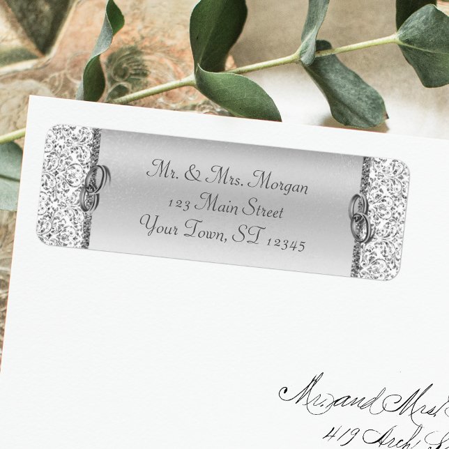Étiquette Adresse de retour Silver Mariage damassé (Créateur téléchargé)