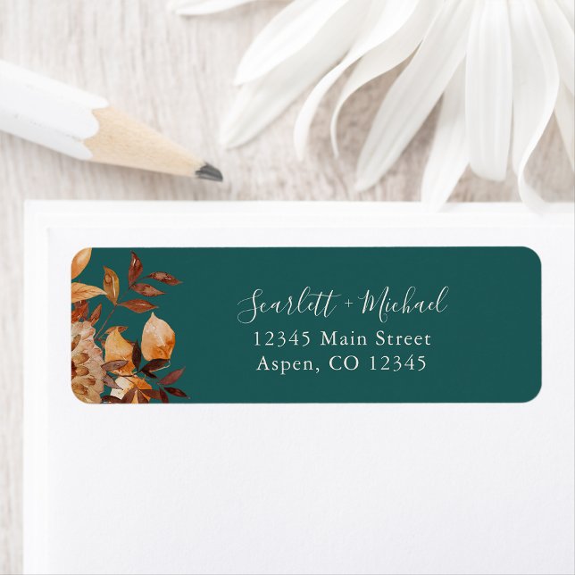 Étiquette Adresse de Retour Vert Bleuâtre (Elegant Teal Fall Floral Return Address Label by Painted Paperie
)