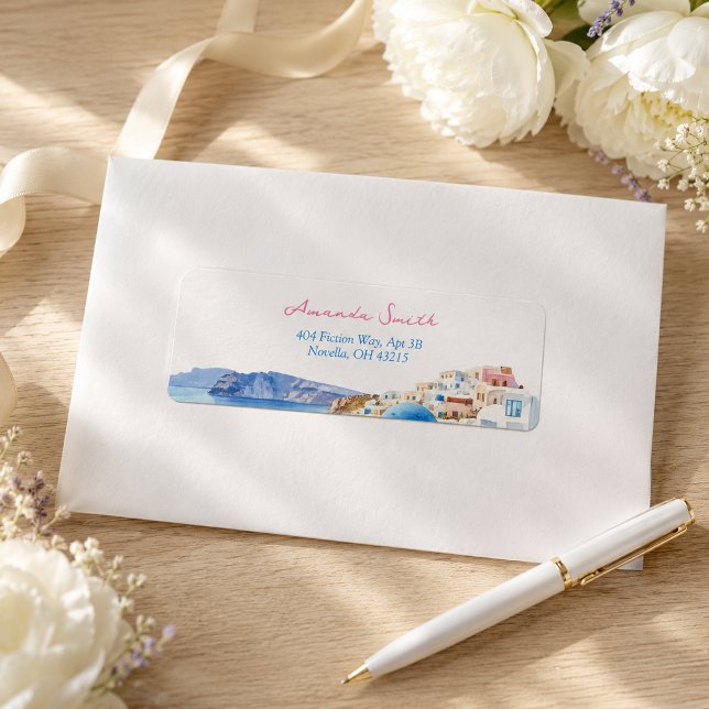 Étiquette Adresse de Santorin Grèce aquarelle côtière (Créateur téléchargé)