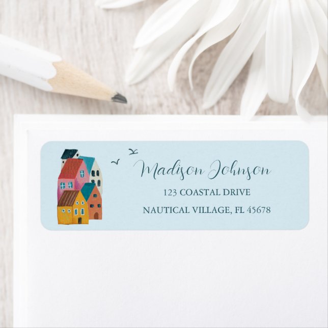 Étiquette Adresse du Baby shower du village côtier (En situation)