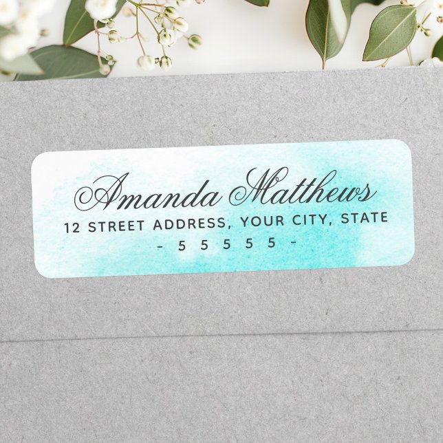 Étiquette Adresse en calligraphie script aquarelle bleu aqua (Aqua blue watercolor calligraphy script address label)