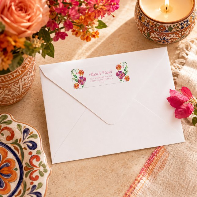 Étiquette Adresse festive florale mexicaine colorée (Colorful Mexican Floral Fiesta Wedding Paper Plates)